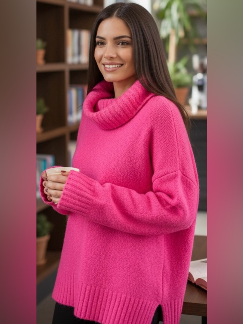 GB Bright Pink Cowl Neck Sweater Size Large